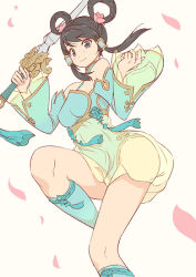 Rule 34 | 1girl, bad id, bad pixiv id, bare shoulders, black hair, blue dress, blue shoes, breasts, brown eyes, closed mouth, detached sleeves, dress, flower, hair flower, hair ornament, hair rings, hair tubes, holding, holding sword, holding weapon, jewelry, jian (weapon), kneehighs, long hair, namco, necklace, petals, see-through clothes, shoes, sidelocks, simple background, smile, socks, solo, soul calibur, soulcalibur, soulcalibur v, strapless, strapless dress, sword, tassel, weapon, wide sleeves, yagi2013, yan leixia