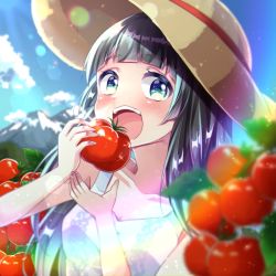 1girl black_hair blunt_bangs blush day dress flying_witch green_eyes hat highres kowata_makoto long_hair looking_at_viewer open_mouth outdoors solo sun_hat tomato urara_(sumairuclover) white_dress