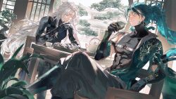 2boys architecture armor black_gloves black_shirt bloom board_game bonsai building calcharo_(wuthering_waves) chair chess chest_harness closed_mouth commentary compression_shirt crossed_legs cup day dragon_print earrings east_asian_architecture elbow_gloves english_commentary gloves green_hair green_kimono grey_eyes grey_pants hadanugi_dousa hand_on_own_chin hand_up harness high_ponytail highres holding holding_cup japanese_clothes jewelry jiyan_(wuthering_waves) kei_(keiuu) kimono lattice light_particles long_hair looking_at_another looking_down looking_to_the_side male_focus multiple_boys on_chair open_kimono pants parted_bangs pectorals pine_tree plant ponytail shirt shoulder_armor sidelocks sitting sleeveless sleeveless_shirt smile table tacet_mark_(wuthering_waves) tassel tassel_earrings teacup teapot tree turtleneck v-shaped_eyebrows very_long_hair white_hair wuthering_waves