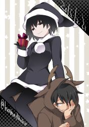 1boy 1girl ahoge all_fours animal_costume antlers araragi_koyomi artist_name black_background black_dress black_eyes black_gloves black_hair bob_cut bodysuit bow box brown_bodysuit christmas closed_mouth commentary_request dated dress elbow_rest fake_antlers fur-trimmed_dress fur-trimmed_headwear fur_trim gift gift_box gloves grey_background hair_between_eyes halftone halftone_background hammer_(sunset_beach) hat head_rest holding holding_box holding_gift hood hood_up hooded_bodysuit horns long_sleeves looking_at_viewer looking_to_the_side monogatari_(series) narrowed_eyes oshino_ougi pale_skin pom_pom_(clothes) red_bow red_ribbon reindeer_antlers reindeer_costume ribbon santa_costume santa_dress santa_hat short_dress short_hair sidesaddle signature sitting sitting_on_person smile smug star_(symbol) striped_background twitter_username white_background