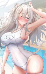 1girl absurdres animal_ears blush breasts grey_eyes grey_hair highres hololive indoors large_breasts lion_ears lion_girl lion_tail long_hair one-piece_swimsuit one_eye_closed pool shishiro_botan solo swimsuit tail virtual_youtuber waniwani_(wasabiwaniwani) white_one-piece_swimsuit