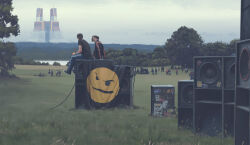 Rule 34 | 6+boys, absurdres, architecture, black hair, building, cable, cloud, cloudy sky, day, from behind, grass, highres, long sleeves, multiple boys, outdoors, pants, plant, science fiction, shirt, short sleeves, simon stalenhag, sitting, sky, speaker, swedish machines, t-shirt, track pants, tree