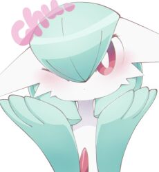 blush bob_cut colored_skin gardevoir gen_3_pokemon green_hair green_skin looking_at_viewer multicolored_skin narumiya_pkmn nintendo one_eye_closed pink_eyes pokemon pokemon_(creature) signature simple_background two-tone_skin white_background white_skin