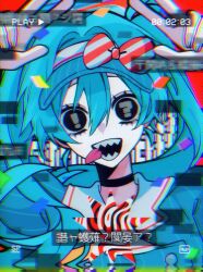 ! 1girl ? alternate_costume aqua_hair arm_up black_choker black_eyes blue_dress blue_hat bow buttons choker collared_dress confetti dress glitch hair_between_eyes hashtag-only_commentary hat hat_bow hatsune_miku highres mesmerizer_(vocaloid) mismatched_pupils omumeshi pinstripe_dress pinstripe_hat pinstripe_pattern recording red_background red_bow sailor_collar sharp_teeth solid_circle_eyes symbol-shaped_pupils teeth tongue tongue_out twintails two-tone_bow upper_body vocaloid white_background white_bow white_sailor_collar