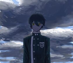 1473ex 1boy ahoge arms_at_sides black_hair blue_sky buttons cloud cloudy_sky commentary crest danganronpa_(series) danganronpa_v3:_killing_harmony expressionless eyelashes grey_theme hair_between_eyes highres jacket long_sleeves looking_at_viewer male_focus muted_color outdoors overcast pinstripe_jacket pinstripe_pattern saihara_shuichi short_hair sky solo striped_clothes striped_jacket upper_body yellow_eyes