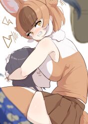 Rule 34 | 2girls, angry, animal ears, bare shoulders, black hair, blush, brown hair, brown shirt, brown skirt, brown thighhighs, captain (kemono friends), clenched teeth, commentary, dhole (kemono friends), dog ears, dog girl, dog tail, face hug, fur collar, gakukuru, gloves, hair between eyes, highres, kemono friends, kemono friends 3, looking at viewer, multicolored hair, multiple girls, pleated skirt, shirt, sidelocks, skirt, sleeveless, tail, teeth, thighhighs, two-tone shirt, two-tone thighhighs, white fur, white gloves, white hair, white shirt, white thighhighs, yellow eyes, zettai ryouiki