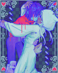 Rule 34 | 1girl, 1other, antlers, blue hair, blue skin, cape, checkered background, colored skin, commentary, covered eyes, deer antlers, deer girl, deer tail, deltarune, english commentary, goomyloid, hand on another&#039;s back, heart, highres, hood, hood up, hooded robe, horns, kris (dark world) (deltarune), kris (deltarune), looking at viewer, noelle holiday, noelle holiday (dark world), pixel art, pixel heart, red cape, red eyes, robe, short hair, tail, white robe