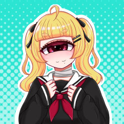 Rule 34 | 1girl, ahoge, black serafuku, black shirt, blonde hair, blue background, blunt bangs, blush, cyclops, hair ornament, hairclip, hands up, highres, medium hair, mole, mole under mouth, neckerchief, nomicha, one-eyed, original, red eyes, red neckerchief, sailor collar, school uniform, serafuku, shirt, simple background, smile, solo, thick eyebrows, twintails, upper body