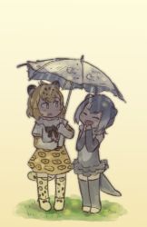 10s animal_ears bow bowtie fur_collar jaguar_(kemono_friends) jaguar_ears leopard_print jaguar_tail kemono_friends light_rays one-piece_swimsuit otter_ears otter_tail ouka_(yama) skirt small-clawed_otter_(kemono_friends) sunbeam sunlight swimsuit tail thighhighs toeless_legwear umbrella
