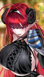 1girl absurdres ahoge azur_lane black_gloves black_horns breasts center_cross_lace clothing_cutout curled_horns demon_girl demon_horns gloves highres hindenburg_(azur_lane) horns large_breasts long_hair open_mouth pointy_ears red_eyes red_hair solo underboob_cutout upper_body very_long_hair waizumi_(vestineislancer)