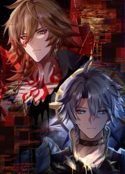 2boys absurdres antenna_hair armor black_choker black_coat black_shirt blonde_hair blue_eyes braid chest_tattoo choker coat earrings facial_tattoo gold_earrings gold_necklace gradient_hair hair_between_eyes halo halo_behind_head hand_on_own_chest hashtag-only_commentary highres honkai:_star_rail honkai_(series) jewelry looking_at_viewer male_focus medium_hair monyo_ex multicolored_hair multiple_boys mydei_(honkai:_star_rail) necklace open_clothes open_coat parted_bangs pauldrons phainon_(honkai:_star_rail) red_hair red_tattoo shirt short_hair shoulder_armor side_braid single_pauldron tattoo white_hair yellow_blood yellow_eyes