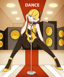 1girl bare_shoulders black_pantyhose blonde_hair blue_eyes blunt_bangs breasts collarbone dress elesa_(pokemon) headphones high_heels looking_at_viewer microphone microphone_stand nintendo open_mouth pantyhose pokemon pokemon_bw short_hair sleeveless smile solo vivivoovoo yellow_dress