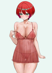 1girl absurdres alternate_breast_size amate_yuzuriha areola_slip babydoll bare_shoulders breasts cleavage covered_navel erorange female_pubic_hair green_eyes gundam gundam_gquuuuuux highres large_breasts nipples orange_hair panties pubic_hair see-through_clothes see-through_panties shiny_skin short_hair solo strap_slip thighs underwear
