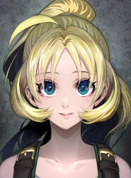 Rule 34 | 1girl, absurdres, ahoge, aqua eyes, bare shoulders, belt, blonde hair, blu-ray cover, close-up, closed mouth, collarbone, cover, dvd cover, high ponytail, highres, jaian, lips, long hair, looking at viewer, nozomanu fushi no boukensha, official art, ponytail, rina rupaage, solo, tareme, upper body