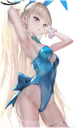 Rule 34 | 1girl, :o, animal ear hairband, animal ears, armpits, arms up, blonde hair, blue archive, blue eyes, blue hairband, blue halo, blue leotard, bow, bowtie, breasts, earrings, fake animal ears, hairband, halo, highres, jewelry, keji133, leotard, long hair, medium breasts, open mouth, playboy bunny, rabbit ear hairband, rabbit ears, simple background, solo, stud earrings, thighhighs, toki (blue archive), toki (bunny) (blue archive), very long hair, white background, white thighhighs, wrist cuffs