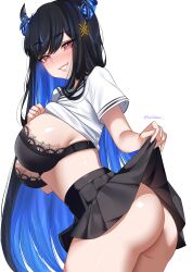 1girl absurdres ass asymmetrical_horns black_bra black_hair blue_hair bra breasts clothes_lift colored_inner_hair demon_horns hair_ornament helldeer highres hololive hololive_english horns lace lace-trimmed_bra lace_bra lace_trim large_breasts lifting_own_clothes long_hair looking_at_viewer mole mole_under_eye multicolored_hair nerissa_ravencroft no_panties red_eyes shirt shirt_lift skirt skirt_lift smile solo two-tone_hair underwear uneven_horns very_long_hair virtual_youtuber
