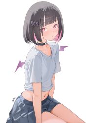 1girl absurdres black_bow black_choker black_hair black_skirt blunt_bangs bob_cut bow choker clothes_lift colored_inner_hair commentary diptip expressionless highres indie_virtual_youtuber looking_at_viewer midriff mini_wings miniskirt multicolored_hair navel pink_eyes pink_hair plaid_bow pleated_skirt rikotan_(vtuber) shirt shirt_lift short_hair short_sleeves simple_background sitting skirt solo t-shirt two-tone_hair virtual_youtuber white_background white_shirt wings