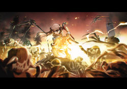 1girl arm_cannon backlighting black_thighhighs boots brown_hair combine_gunship commentary crowbar doom_(series) doom_i dual_wielding electricity english_commentary epic explosion genderswap genderswap_(mtf) gloves gordon_freeman gravity_gun half-life half-life_(series) half-life_2 headcrab heavy_lens_flare highres holding hunter_(half_life) lens_flare letterboxed long_hair miharu_(cgsky) parody semi-rimless_eyewear solo_focus strider thighhighs under-rim_eyewear weapon zombie
