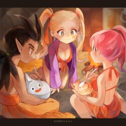 +_+ 2boys 2girls :3 all_fours alternate_costume antenna_hair bikini black_border blonde_hair bonfire border breasts brown_eyes cleavage commentary_request dark-skinned_male dark_skin dated_commentary dragon_quest dragon_quest_builders_2 earrings female_builder_(dqb2) front-tie_bikini_top front-tie_top green_eyes hair_pulled_back hair_ribbon holding holding_spork hoop_earrings hotaro_(bread_fusa) jewelry large_breasts looking_at_another low_ponytail metal_slime metats_(dqb2) multiple_boys multiple_girls official_alternate_costume open_clothes open_shirt orange_pants pants pink_hair pointy_ears ponytail purple_shirt red_bikini red_eyes red_ribbon ribbon ruru_(dqb2) shell shirt side_ponytail sidoh_(dqb2) silver_earrings sparkle spiked_hair spork swimsuit topless_male translation_request twintails