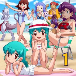 5girls amber_(pokemon) ambertwo_(pokemon) aqua_hair ass bandana barefoot beach bikini blue_eyes brown_eyes brown_hair child clone day feet gen_1_pokemon legendary_pokemon lowres mew_(pokemon) mewtwo miranda_(pokemon) miyamoto_(pokemon) multiple_girls mythical_pokemon neesha_(pokemon) nintendo one-piece_swimsuit outdoors pokemoa pokemon pokemon:_the_first_movie_-_mewtwo_strikes_back pokemon_(anime) pokemon_(classic_anime) pokemon_(creature) purple_hair raymond_(pokemon) swimsuit