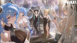 5girls abe_(nikke) alternate_costume aqua_hair arms_up artist_request backless_dress backless_outfit bag bare_shoulders black_dress black_hair black_shoes blonde_hair blue_eyes blue_hair blush breasts bubble bun_cover cellphone cinderella_(nikke) cleavage cleavage_cutout closed_eyes closed_mouth clothing_cutout cocktail_dress colored_inner_hair commentary criss-cross_halter double-parted_bangs double_bun dress elbow_gloves english_commentary feather_boa fireworks gloves goddess_of_victory:_nikke gretel_(nikke) grin hair_between_eyes hair_bun hair_intakes halterneck hand_mirror hand_on_own_hip hand_on_own_shoulder handbag hansel_(nikke) high_heels highres holding holding_mirror holding_phone indoors jewelry large_breasts little_mermaid_(nikke) logo long_hair looking_at_mirror looking_at_viewer medium_breasts mirror multicolored_hair multiple_girls necklace official_art old_tales_(nikke) party phone plunging_neckline ponytail reflection second-party_source shoes siblings side_slit sisters sleeveless sleeveless_dress smartphone smile stairs standing strapless strapless_dress twins twintails very_long_hair watermark white_background white_dress white_gloves white_hair window