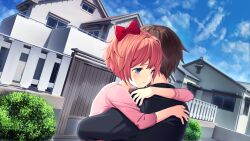 1boy 1girl black_shirt blue_eyes blue_sky blush bow brown_hair bush casual cloud commentary crying crying_with_eyes_open doki_doki_literature_club dot_nose double-parted_bangs dutch_angle english_commentary eyebrows_hidden_by_hair faceless faceless_male fence furrowed_brow game_cg gate hair_bow hair_intakes hand_on_another&#039;s_back hand_on_another&#039;s_shoulder highres house hug long_eyelashes long_sleeves non-web_source official_alternate_costume official_art outdoors parted_hair parted_lips pink_shirt protagonist_(doki_doki_literature_club) raised_inner_eyebrows red_bow sad satchely sayori_(doki_doki_literature_club) shirt short_hair sidelocks sky sparkling_eyes streaming_tears tareme tears teeth thick_eyelashes upper_body window wooden_fence