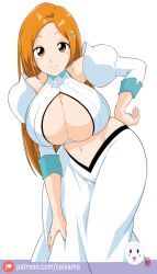 1girl artist_name bleach bleach:_sennen_kessen-hen breasts brown_eyes caisama cleavage cleavage_cutout clothing_cutout detached_sleeves hair_ornament hairclip hand_on_own_hip inoue_orihime large_breasts long_hair long_skirt looking_at_viewer patreon_username simple_background skirt smile white_background