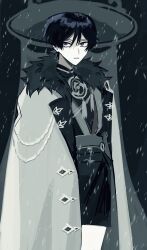 1boy aiguillette black_background black_bodysuit black_eyes black_hair black_kimono black_shorts blunt_ends bodysuit closed_mouth coat coat_on_shoulders expressionless fatui_coat fur_collar genshin_impact hat highres japanese_clothes jingasa juban kimono lapels limited_palette looking_to_the_side male_focus mandarin_collar mitsudomoe_(shape) no6_gnsn o-ring outdoors red_kimono sash scaramouche_(genshin_impact) shorts snowing solo standing tassel tomoe_(symbol) tsurime veil white_coat white_kimono winter_clothes winter_coat