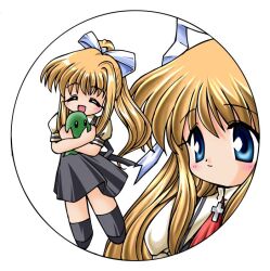 Rule 34 | 1girl, 2000s (style), air (visual novel), bad id, black dress, black socks, blonde hair, blue eyes, blush, bow, closed eyes, closed mouth, cross, dress, full body, hair bow, kamio misuzu, long hair, multiple views, open mouth, pinafore dress, puffy short sleeves, puffy sleeves, shirt, short sleeves, simple background, sleeveless, sleeveless dress, smile, socks, sou ryuu, upper body, white background, white bow, white shirt