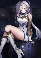 Rule 34 | 1girl, absurdres, ahoge, ankkoyom, bare shoulders, beret, blue eyes, blue hair, blue hat, blue nails, boombox, boots, breasts, brown shirt, brown socks, clothing cutout, colored inner hair, crt, curly hair, gradient hair, grey hair, hat, headset, hebi (vtuber), high heel boots, high heels, highres, idol, indie virtual youtuber, knee boots, kneehighs, long hair, long sleeves, looking at viewer, medium breasts, multicolored hair, parted lips, purple hair, see-through clothes, see-through shirt, shirt, short shorts, shorts, shoulder cutout, socks, solo, swept bangs, television, thighs, very long hair, white boots, white shorts