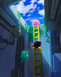 abandoned aruco_co bandana bandana_waddle_dee blue_bandana blue_eyes blue_sky climbing_ladder cloud elfilin floating highres kirby kirby_(series) kirby_and_the_forgotten_land ladder looking_at_another looking_down moss nintendo no_humans open_mouth plant sky tail vines