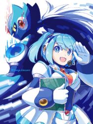 1boy 1girl android armor blue_armor blue_bodysuit blue_eyes blue_hair blue_helmet blue_skin bodysuit breasts chest_jewel clipboard colored_sclera colored_skin forehead_jewel from_behind gloves gradient_hair grey_hair headgear headset helmet holding holding_clipboard joints large_breasts long_hair looking_at_another medium_breasts mega_man_(series) mega_man_x_(series) mega_man_x_dive miniskirt multicolored_hair navigator netnavi no_mouth one_side_up open_mouth orange_blossoms(megaman) ponytail rico_(mega_man) robot_ears robot_girl robot_joints salute shirt short_hair shorts shoulder_jewel side_ponytail simple_background skirt slit_pupils smile two_side_up via_(mega_man) white_armor white_background white_shirt white_shorts yellow_sclera