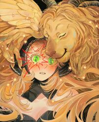 1girl alt_text black_dress black_hood blonde_hair blush colored_eyelashes detached_hood detached_sleeves dress dungeon_meshi feathered_wings fur-trimmed_sleeves fur_trim green_eyes hair_between_eyes highres horns lion long_hair looking_at_viewer marcille_donato marcille_donato_(lord) parted_lips sasakura34 single_tear spoilers strapless strapless_dress symbol-shaped_pupils tearing_up upper_body wide-eyed winged_animal winged_lion_(dungeon_meshi) wings
