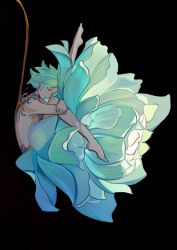 1other absurdres androgynous barefoot black_background branch closed_eyes eyelashes eyeshadow floating_hair flower flower_clothes flower_skirt from_side full_body green_flower green_hair highres houseki_no_kuni knee_up leg_up light_smile makeup musheng656 other_focus phosphophyllite plant plantar_flexion self_hug short_hair simple_background solo topless_other