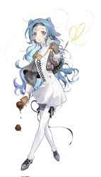 1girl 37_(reverse:1999) alternate_hairstyle asymmetrical_bangs between_fingers blue_eyes blue_hair checkered_hairband collared_dress cosplay crossed_legs drawing_on_air dress dropping food full_body glass_pen gloves grey_cloak grey_shoes grey_sleeves hairband hibissukssurussuk high_collar highres hofmann_knot holding holding_food holding_ice_cream holding_pen ice_cream long_hair looking_at_viewer outstretched_arm pants pants_under_dress parted_lips pen reverse:1999 shoes short_dress solo sonetto_(reverse:1999) sonetto_(reverse:1999)_(cosplay) standing two_side_up very_long_hair white_background white_dress white_gloves white_pants