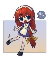 Rule 34 | 1girl, :o, apron, blush stickers, bow, brown shoes, chinese commentary, commentary request, dated, deformed, dress, euthan, hair bow, highres, long hair, low-tied long hair, maid, maid day, maid headdress, no nose, open mouth, puffy short sleeves, puffy sleeves, purple dress, red hair, seihou, shoes, short sleeves, socks, solo, speech bubble, vivit, white apron, white socks, yellow bow