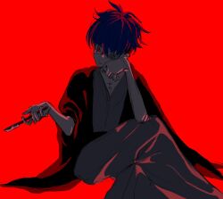 1boy blue_hair crossed_legs eyepatch hair_between_eyes hand_up highres holding_scalpel japanese_clothes male_focus messy_hair omokage_yugamu one_eye_covered open_mouth red_background simple_background sitting solo solo_focus the_hundred_line_-last_defense_academy-