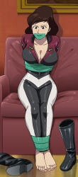 1girl absurdres arms_behind_back barefoot bdsm bondage bound bound_ankles breasts brown_eyes brown_hair cleavage gag gagged highres improvised_gag large_breasts lost_one_zero lupin_iii mine_fujiko tape tape_bondage tape_gag