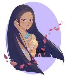 1girl absurdres aquamei black_hair brown_eyes dark-skinned_female dark_skin dress earrings highres jewelry long_hair looking_at_viewer native_american native_american_clothes necklace pocahontas_(disney) pocahontas_(movie) simple_background smile solo upper_body