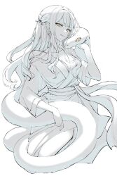 1girl asymmetrical_sleeves bang_dream! bang_dream!_it&#039;s_mygo!!!!! breasts chinese_commentary cleavage collarbone commentary_request cropped_legs elbow_rest floating_hair hair_ribbon hand_on_animal head_tilt highres long_hair looking_at_viewer medium_breasts monochrome parted_bangs parted_lips pudding_well ribbon robe sash short_sleeves side_slit simple_background snake snake_wrapped_around_body solo spot_color three-quarter_sleeves togawa_sakiko uneven_sleeves white_background yellow_eyes