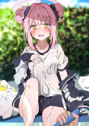 1boy 1girl absurdres angel_wings blue_archive blush feathered_wings gym_uniform hair_bun halo highres holding holding_hose hose jacket jacket_partially_removed looking_at_viewer mika_(blue_archive) mika_(track)_(blue_archive) natsukari_na open_mouth outdoors pink_hair pink_halo scrunchie see-through_clothes shirt single_side_bun sitting solo_focus wet wet_clothes wet_hair wet_shirt white_shirt white_wings wing_ornament wings wrist_scrunchie yellow_eyes