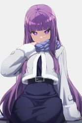 1girl belt black_belt blue_dress blue_scarf blunt_bangs closed_mouth coat dress fern_(sousou_no_frieren) grey_background highres light_smile long_sleeves looking_at_viewer purple_eyes purple_hair reulem scarf simple_background sitting sleeves_past_wrists smile solo sousou_no_frieren white_coat