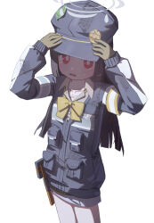 1girl absurdres adjusting_clothes adjusting_headwear aoba_(blue_archive) aoba_(blue_archive)_(cosplay) black_hair black_hat black_jacket blue_archive blue_skirt bow bowtie brown_shirt collarbone commentary cosplay gloves green_gloves grey_halo halo hat highres jacket long_hair miyu_(blue_archive) nyune red_eyes shirt simple_background skirt solo white_background white_undershirt yellow_bow yellow_bowtie