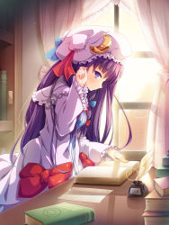 1girl adjusting_hair anime_coloring backlighting blush book book_stack bookshelf bottle bow collar curtains desk dress female_focus frilled_collar frilled_shirt_collar frilled_sleeves frills hair_bow hair_over_shoulder hat highres hip_focus indoors inkwell iwayuu lens_flare light_particles long_hair long_sleeves looking_at_viewer looking_to_the_side mob_cap open_book paper patchouli_knowledge purple_eyes purple_hair quill reflection room smile solo striped_clothes striped_dress sun sunlight touhou very_long_hair window