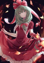 1girl arm_ribbon bow clothes_lift collared_dress dress dress_lift frilled_dress frilled_ribbon frills front_ponytail green_eyes green_hair hair_bow hair_ribbon ilvsn6_6 kagiyama_hina leaf maple_leaf puffy_short_sleeves puffy_sleeves red_bow red_dress red_ribbon ribbon short_sleeves solo touhou twitter_username