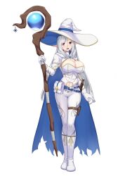 1852489 1girl :d absurdres belt belt_pouch bodysuit boots breasts cloak clothing_cutout commentary_request elf fantasy full_body gloves grey_hair hat heart_cutout highres holding holding_staff knife large_breasts long_hair looking_at_viewer navel_cutout open_mouth original pointy_ears pouch red_eyes sheath sheathed skin_tight smile solo staff thigh_pouch very_long_hair white_background white_bodysuit white_boots white_cloak white_gloves witch_hat wizard
