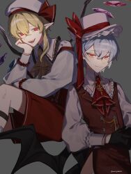 Rule 34 | 2boys, :d, ascot, bat wings, blue hair, brooch, brothers, closed mouth, collared shirt, commentary request, fang, flandre scarlet, frilled shirt collar, frills, fuuga (perv rsity), genderswap, genderswap (ftm), grey background, hair between eyes, hat, hat ribbon, highres, jewelry, male focus, medium hair, multiple boys, open mouth, pointy ears, red ascot, red eyes, red ribbon, red shorts, red vest, remilia scarlet, ribbon, shirt, short hair, shorts, siblings, skin fang, smile, teeth, top hat, touhou, twitter username, upper teeth only, vest, white hat, white shirt, wings, yellow ascot