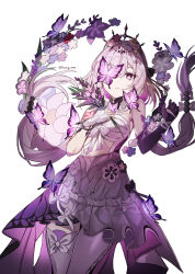 1girl absurdres black_tiara breasts bug butterfly castorice_(honkai:_star_rail) commentary_request cowboy_shot dress elbow_gloves flower gloves hair_flower hair_ornament highres honkai:_star_rail honkai_(series) insect korean_commentary liverpool0427 long_hair medium_breasts pantyhose parted_lips partial_commentary pointy_ears purple_butterfly purple_eyes purple_flower purple_gloves purple_hair single_leg_pantyhose single_thighhigh thighhighs tiara twitter_username white_background white_dress white_pantyhose white_thighhighs