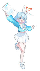 1girl absurdres arona_(blue_archive) blue_archive blue_eyes blue_hair braid choker colored_inner_hair full_body halo heart heart_halo highres long_sleeves multicolored_hair pink_hair pleated_skirt prana_(prana12) puffy_long_sleeves puffy_sleeves red_halo sailor_collar shoes short_hair simple_background single_braid skirt solo white_background white_choker white_sailor_collar white_shoes white_skirt