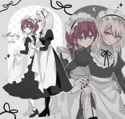 2girls absurdres apron black_boots black_dress black_nails black_thighhighs blue_eyes blush boots closed_mouth clothes_lift commentary_request dated dress garter_straps girls_band_cry grey_eyes grey_hair hamchan69 hand_on_another&#039;s_waist highres iseri_nina juliet_sleeves kawaragi_momoka lifting_another&#039;s_clothes long_hair long_sleeves maid maid_apron maid_day maid_headdress multiple_girls parted_lips puffy_sleeves red_hair short_hair skirt skirt_lift socks sweat thighhighs white_apron white_headdress white_socks yuri